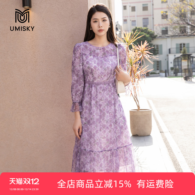 umisky优美世界专柜同款秋季时尚浪漫蕾丝印花礼服连衣裙SK3L1001