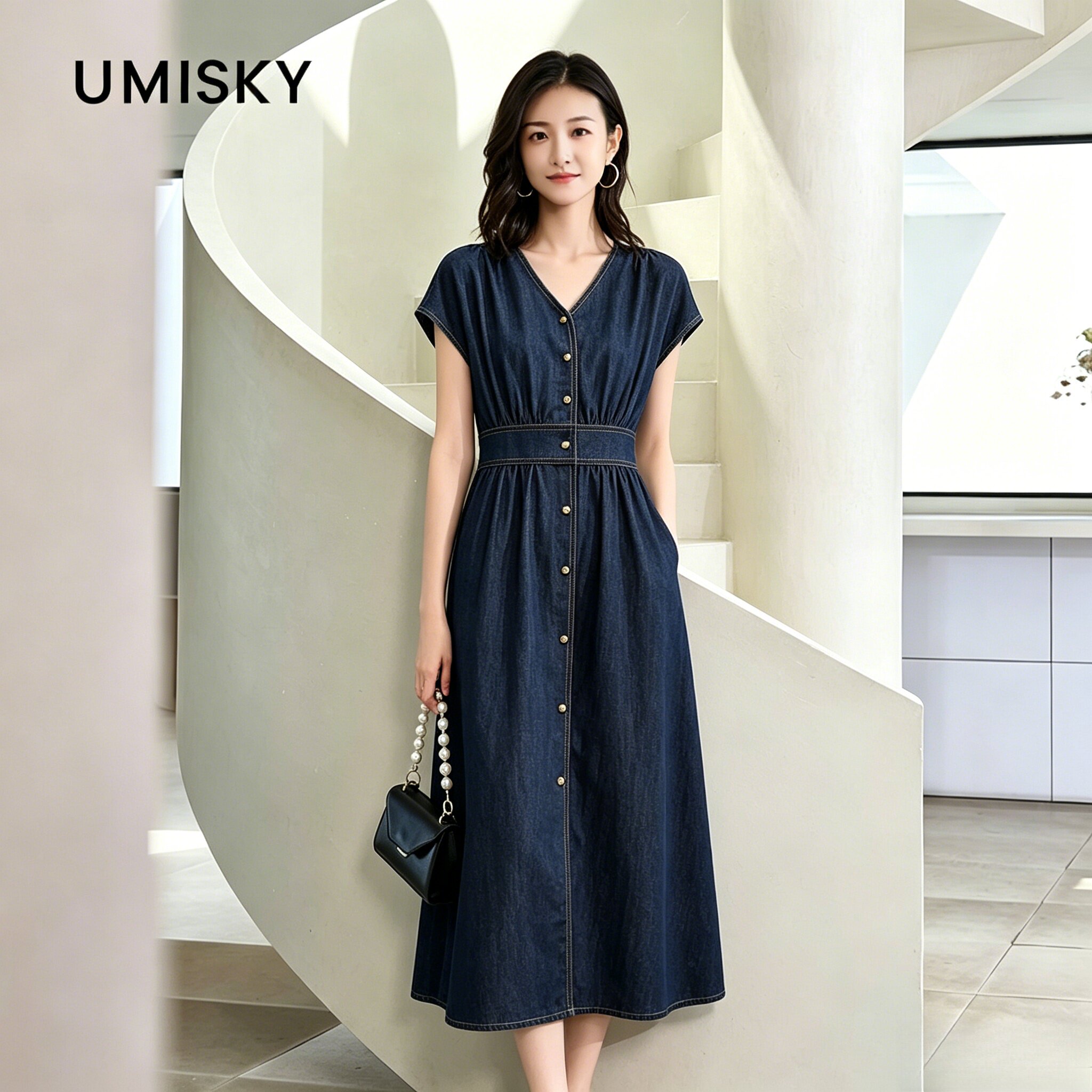 umisky优美世界专柜同款夏季气质优雅V领收腰牛仔连衣裙XM2D1201图片