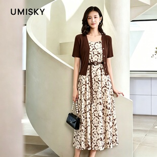 umisky优美世界专柜同款夏短款外套两件套真丝印花连衣裙SM2D2823
