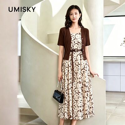 umisky优美世界专柜同款夏短款外套两件套真丝印花连衣裙SM2D2823