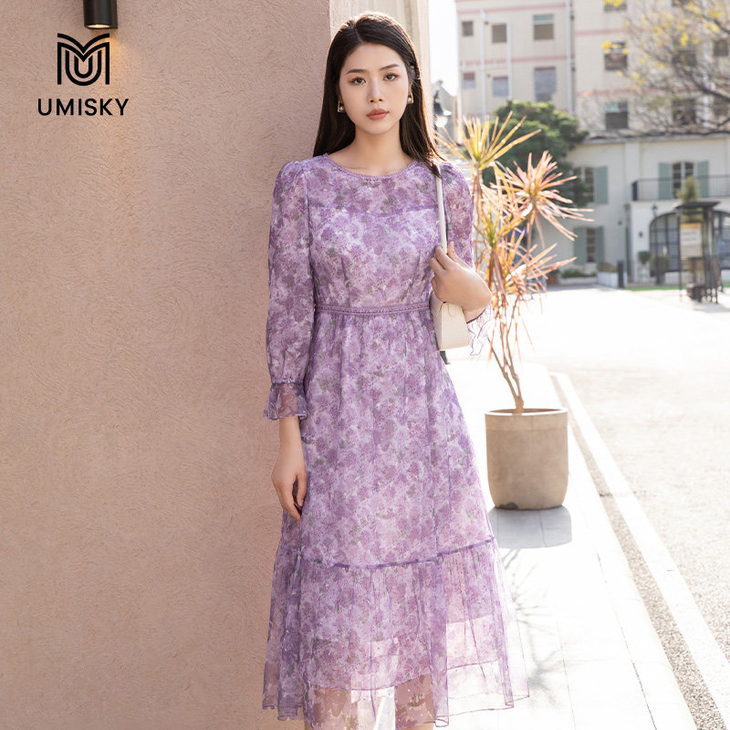umisky优美世界专柜同款秋季时尚浪漫蕾丝印花礼服连衣裙SK3L1001图片