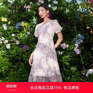 umisky优美世界专柜同款夏季优雅浪漫印花显瘦网纱连衣裙SK1D1037
