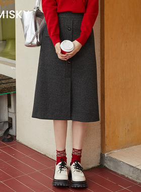 优美世界旗下芬岸女装冬季通勤优雅中长a字开叉半身裙XK4H2005