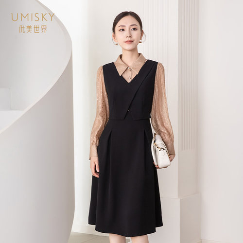 umisky优美世界专柜同款秋知性优雅波点印花假两件连衣裙SK3D1001