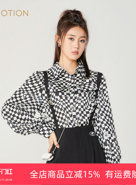 清仓 旗下芬岸女装休闲格子印花时尚宽松长袖衬衫XI3G1004
