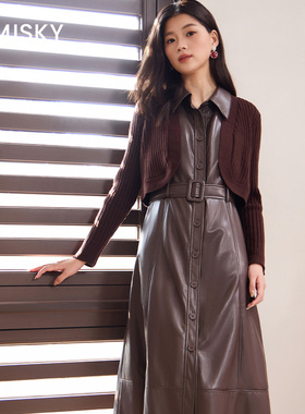 umisky优美世界专柜同款皮衣配针织开衫复古两件套连衣裙SK4D1012