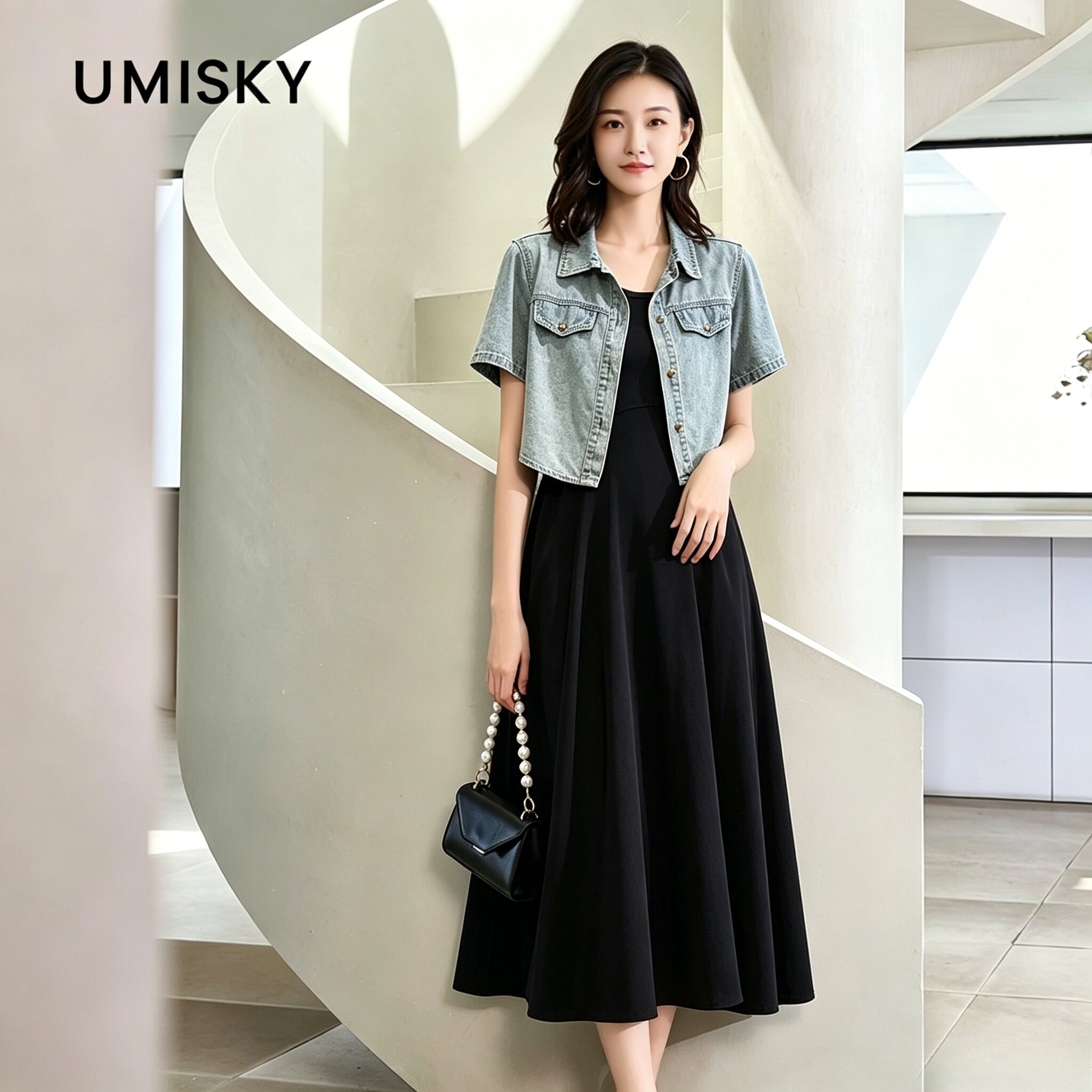 umisky优美世界专柜同款夏季牛仔小外套两件套针织连衣裙SM2D2826