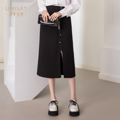 umisky优美世界专柜同款秋季时尚通勤高腰a字开叉半裙SK3H1004