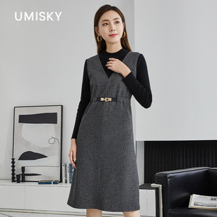 umisky优美世界专柜同款 优雅拼接中长a字针织连衣裙SK4D3001 冬季