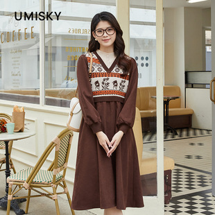 优美世界旗下芬岸女装 复古民族风领印花针织连衣裙XK4A1203 冬季