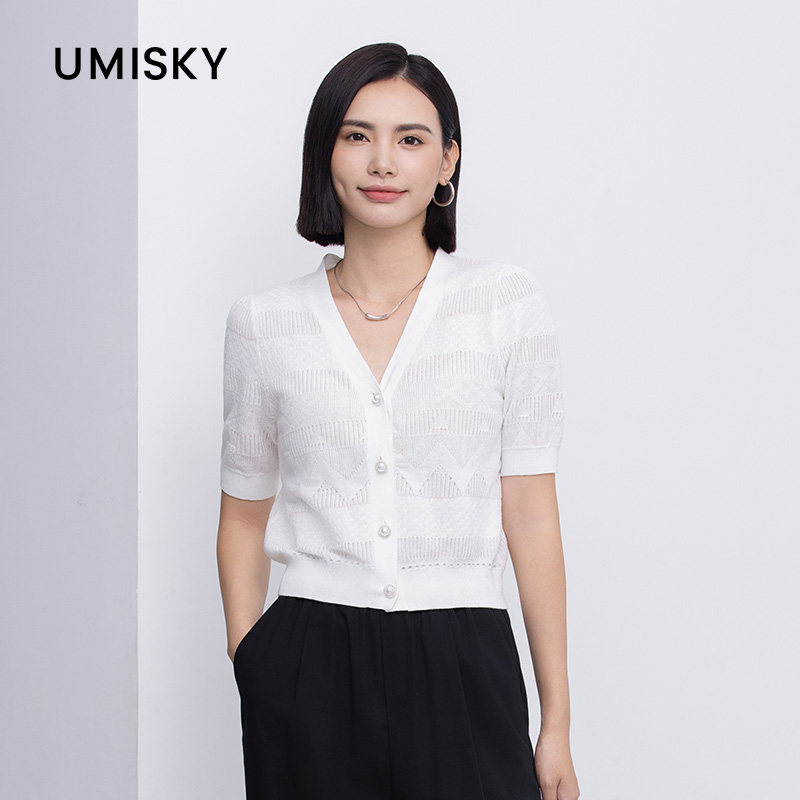 优美世界旗下女装专柜同款V领泡泡袖短袖短款针织开衫XM2S1201