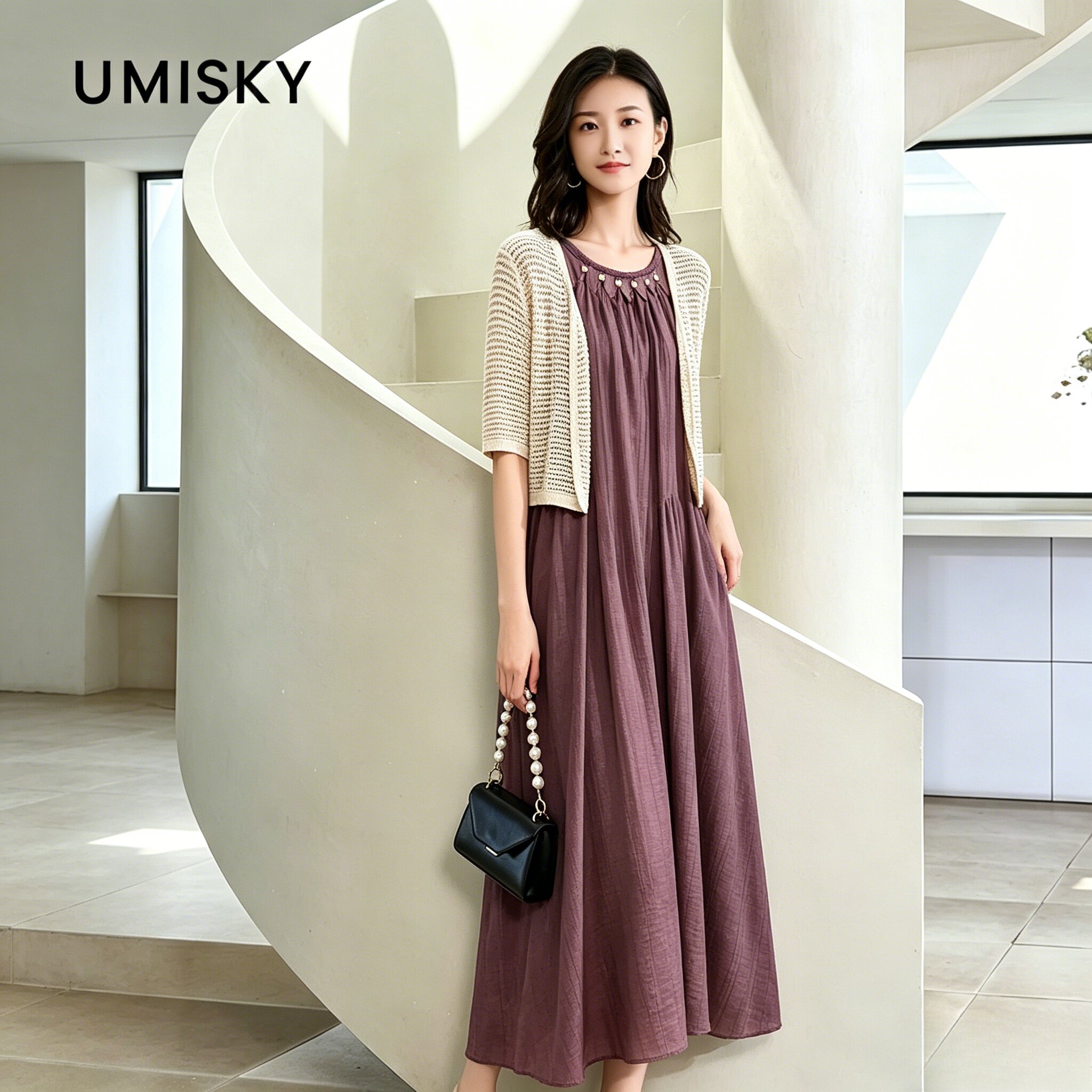 umisky优美世界专柜同款夏季针织小外套两件套a字连衣裙SM2D2825