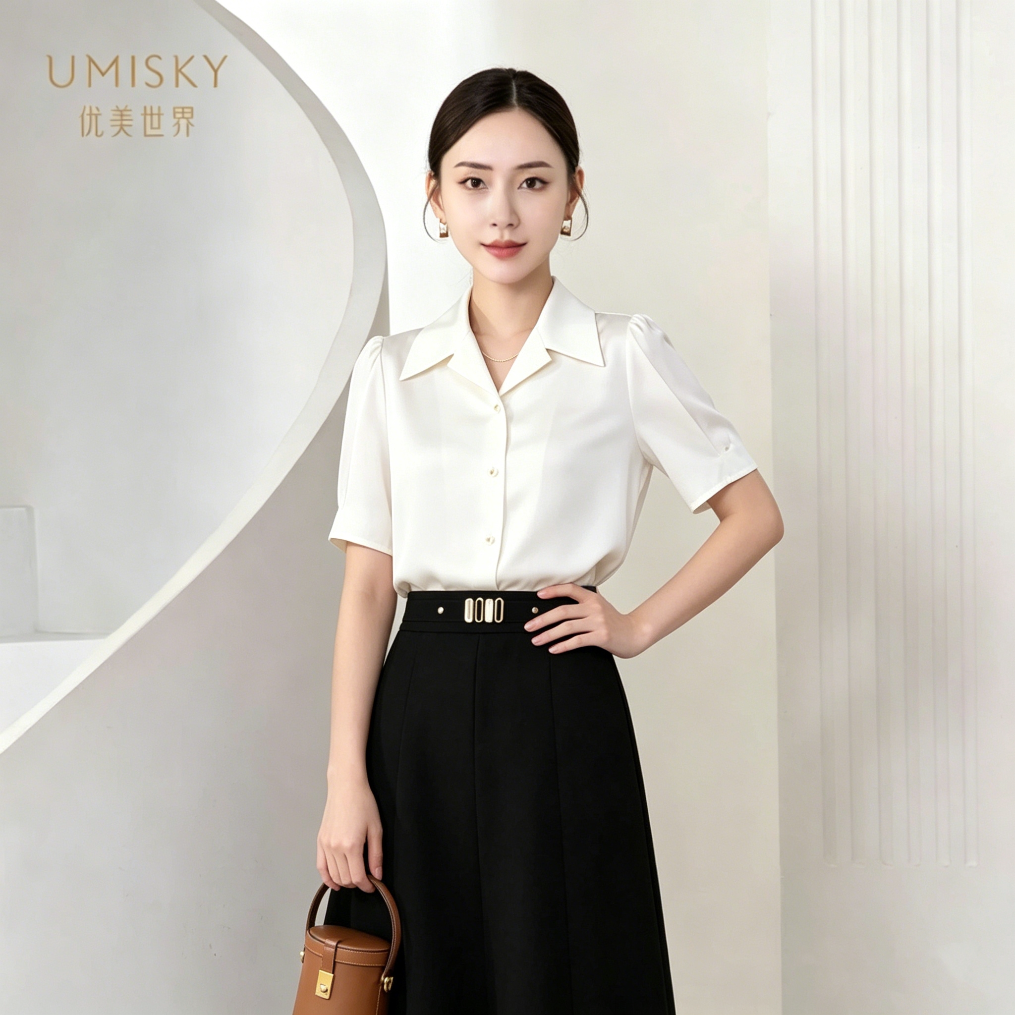 umisky优美世界专柜同款夏季时尚气质通勤白色衬衫SM2G1021图片