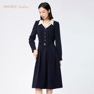 umisky优美世界女装优雅拼色衬衣领a字连衣裙FB4D1001