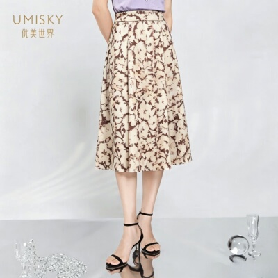 umisky优美世界专柜同款夏季中长a字印花半身裙SM2H2846