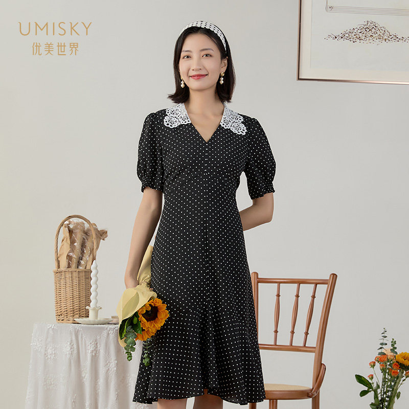 清仓 umisky优美世界女装蕾丝领法式复古波点连衣裙vg3d1004