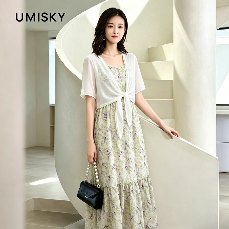umisky优美世界专柜同款夏季轻薄小外套碎花两件套连衣裙SM2D1005