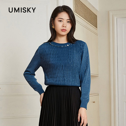 umisky优美世界冬季菱纹钉珠亮丝针织衫圆领毛衣NK4W1912
