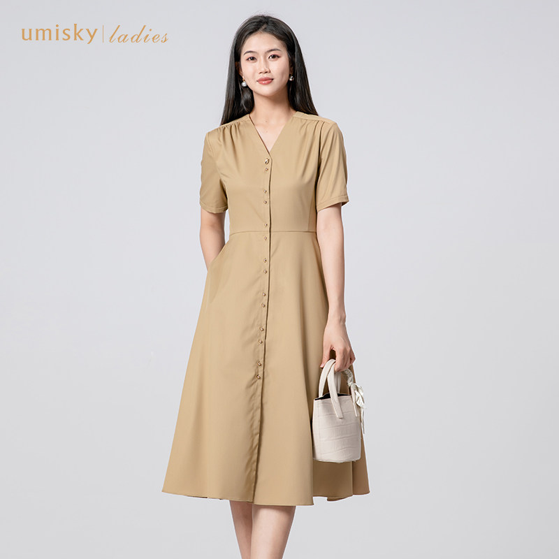 umisky优美世界女装时尚显瘦系带风衣式连衣裙FK2D2045