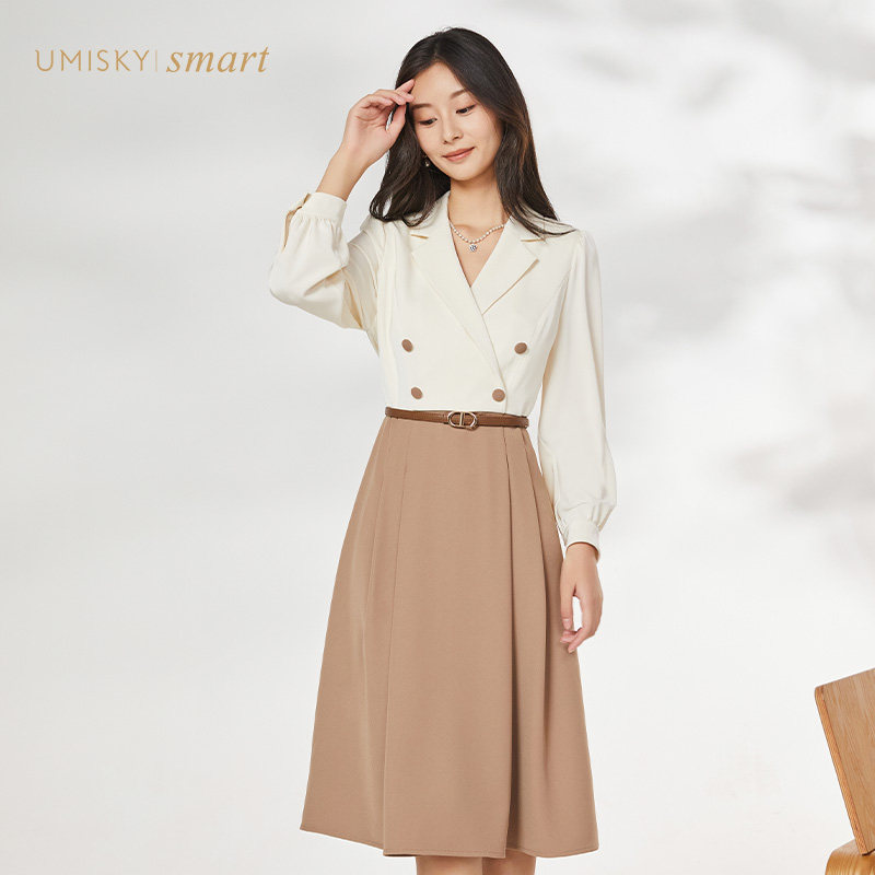 清仓 umisky优美世界女装法式优雅撞色拼接假两件连衣裙vi4d1026
