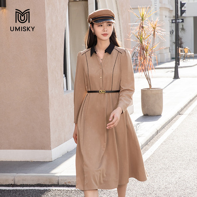 umisky优美世界专柜同款秋季优雅V领提花中长a字连衣裙SK3D1008