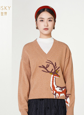 清仓 umisky优美世界女装羊绒羊毛衫V领刺绣针织上衣SI4W2019