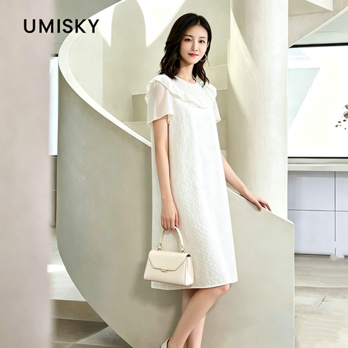 umisky优美世界专柜同款夏季城市通勤圆领直通连衣裙SM2D3040