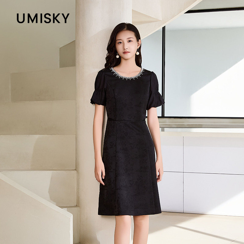 umisky优美世界专柜同款夏季法式轻奢圆领钉珠短袖连衣裙SM1D1005图片