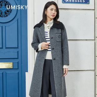 umisky优美世界专柜同款 黑毛领大衣复古中长毛呢外套SK4E2205 冬季