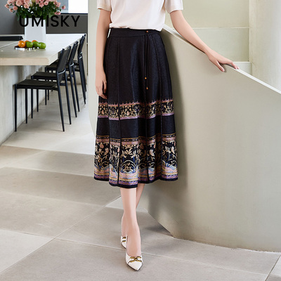 umisky优美世界专柜同款夏季新中式印花a字半身裙SM1H2011