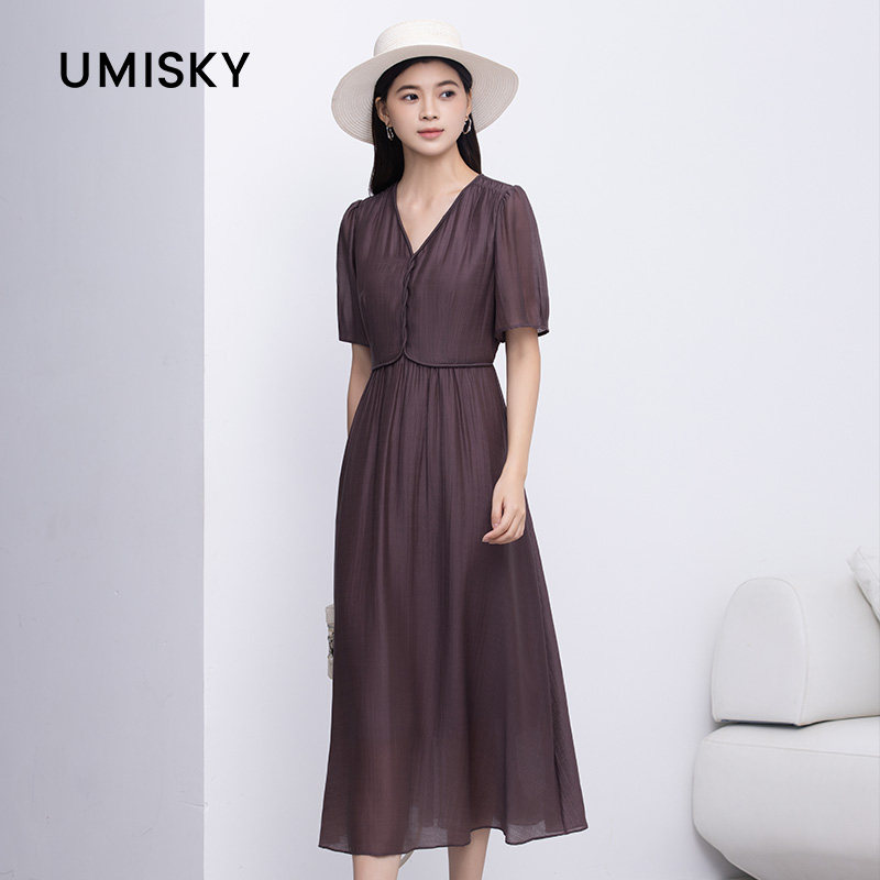 umisky优美世界专柜同款夏季气质优雅风收腰莱赛尔连衣裙SM2D2819