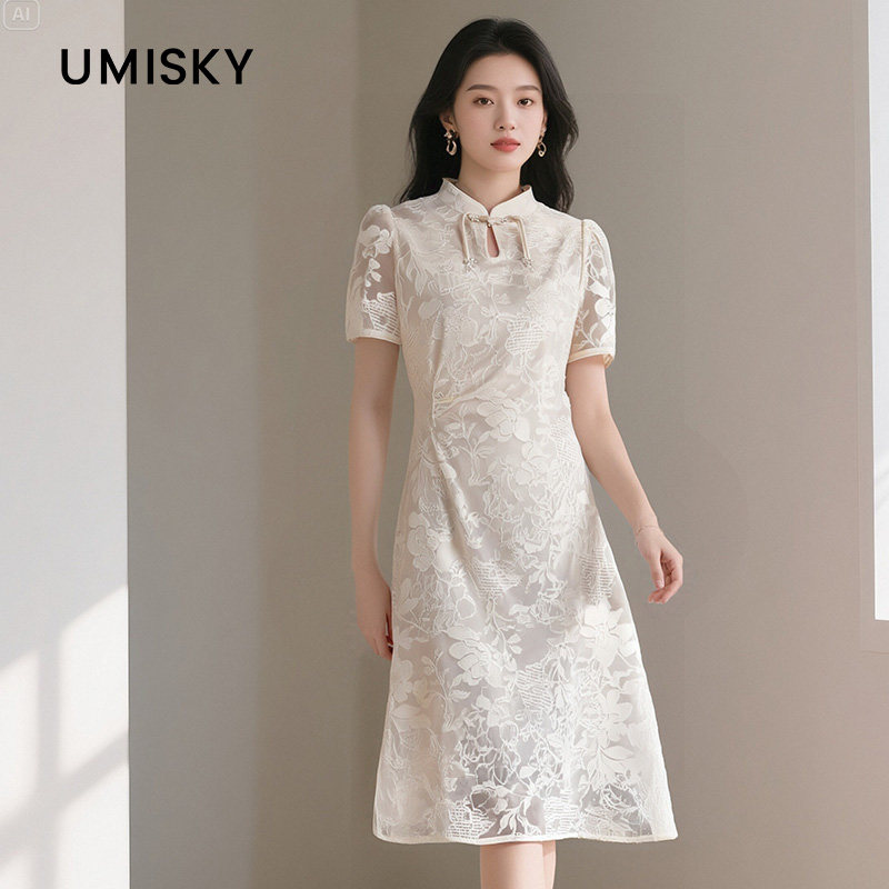 umisky优美世界专柜同款夏季改良旗袍修身蕾丝印花连衣裙SM1L1003