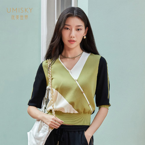 umisky优美世界专柜同款春季舒适透气拼色短款针织衫上衣SK1W3015