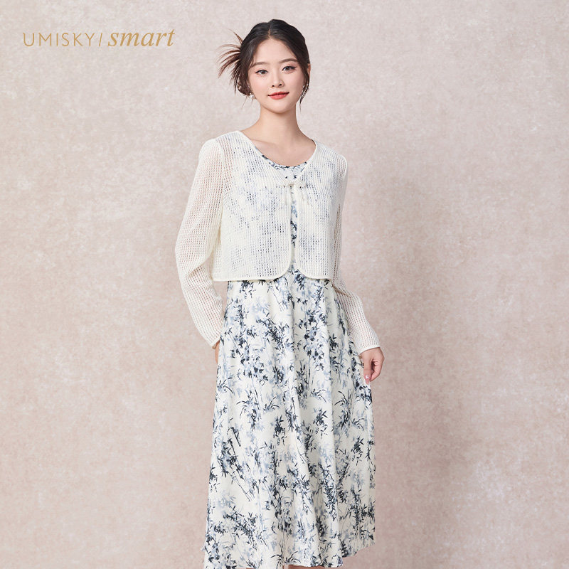 umisky优美世界女装时尚小外套背心印花两件套连衣裙VK3D1239