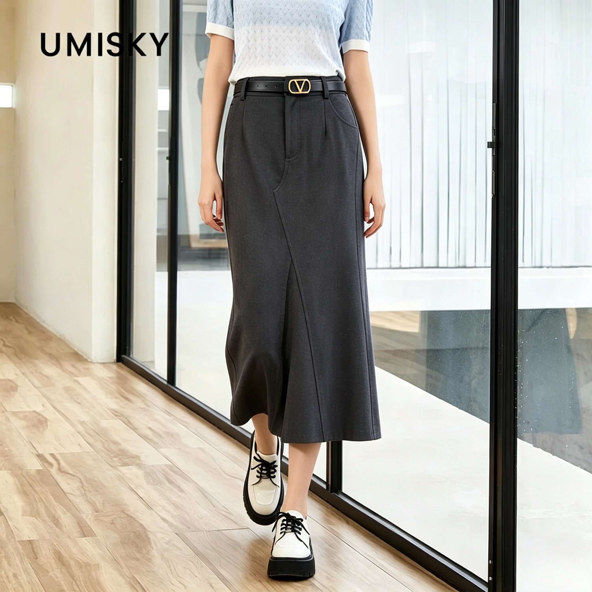 umisky优美世界专柜同款夏季极简通勤风中长a字半身裙SM2H1012图片
