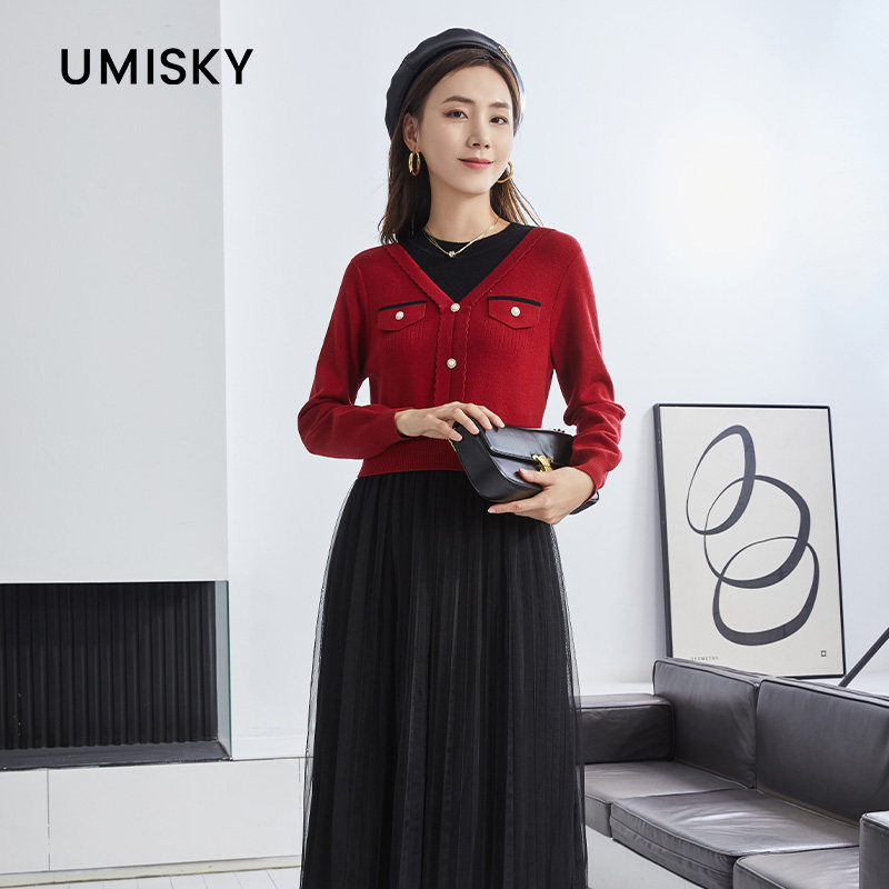 umisky优美世界女装优雅撞色小香风假两件V领拼色针织连衣裙套装