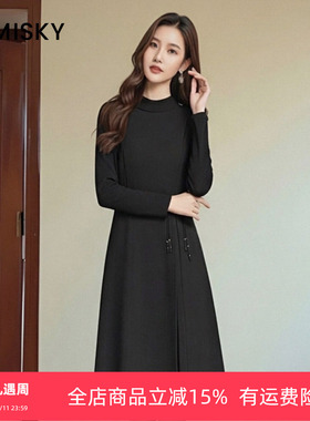 优美世界旗下女装冬季黑色收腰连衣裙LM4D2041