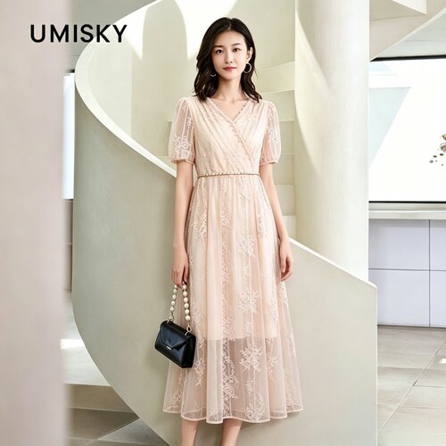 umisky优美世界专柜同款夏季V领刺绣气质礼服连衣裙SM2L1001