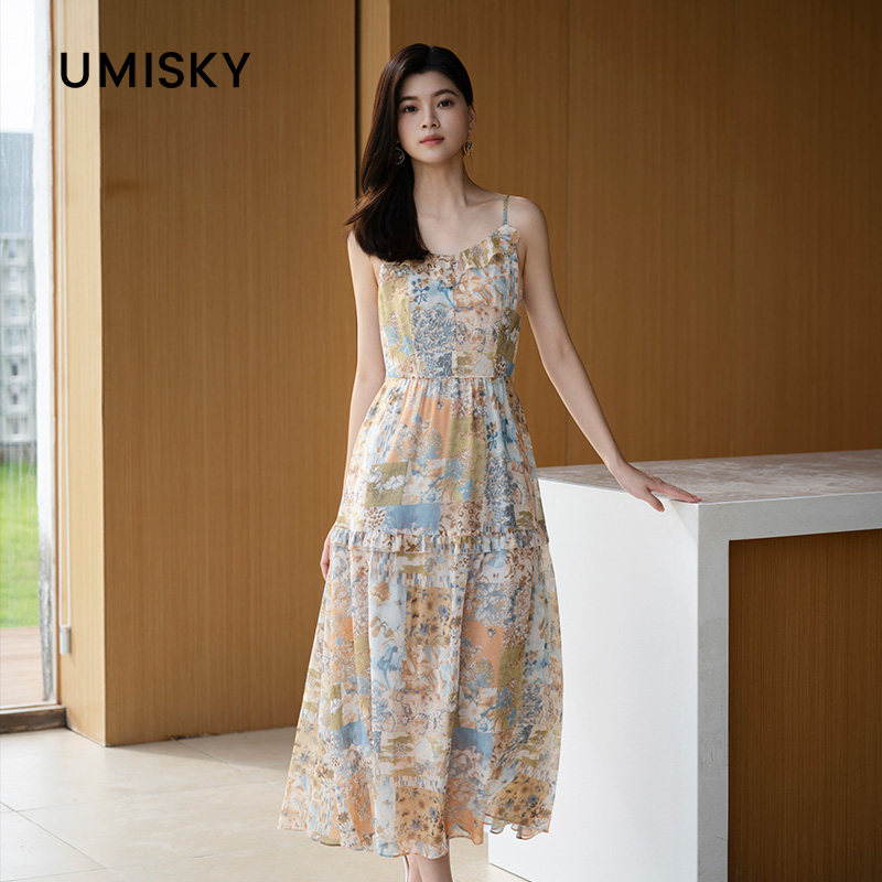 umisky优美世界专柜同款夏桑蚕丝清新碎花吊带长裙连衣裙SM2D1029图片