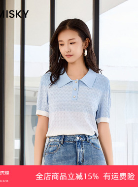 umisky优美世界专柜同款夏通勤百搭撞色POLO领针织衫上衣SM1W3214