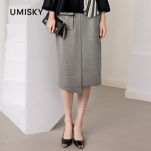 umisky优美世界专柜同款通勤气质格纹不规则半身裙