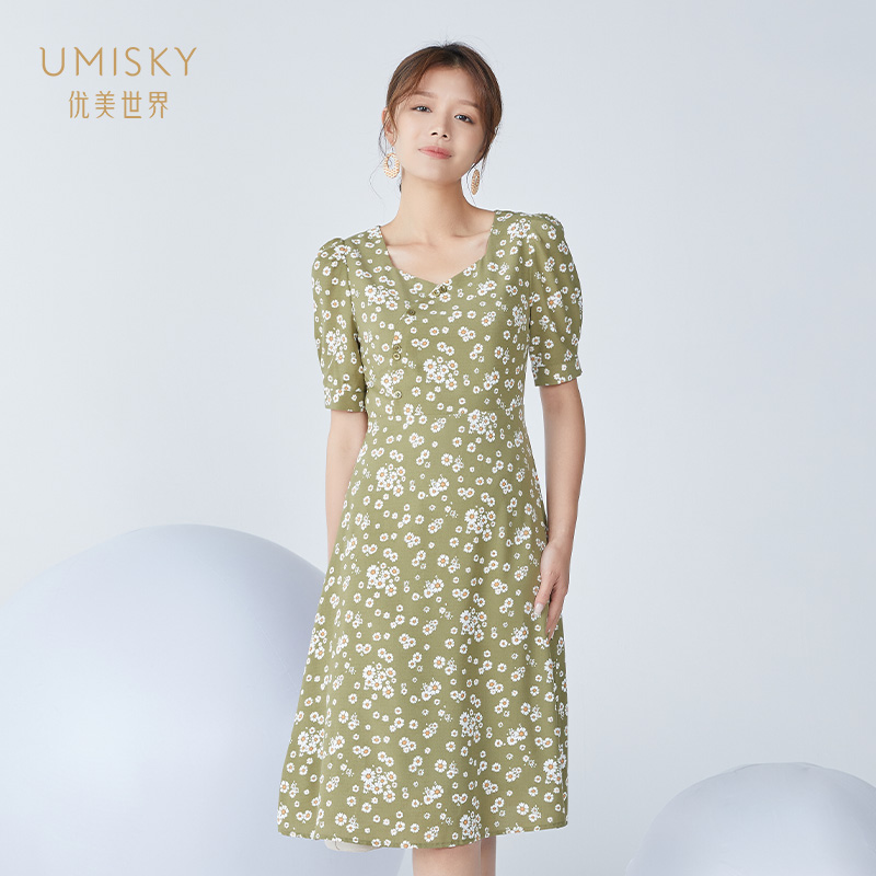 清仓 umisky优美世界女装优雅方领碎花收腰短袖连衣裙vi2d1008