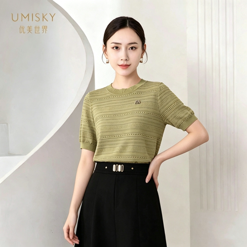 umisky优美世界专柜同款夏季圆领提花莱赛尔短袖套头上衣SM2W2876