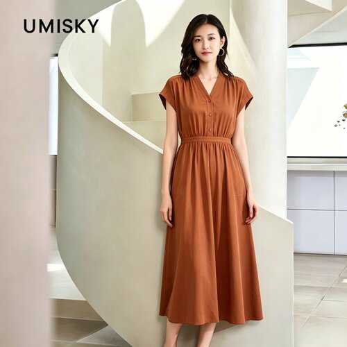 umisky优美世界专柜同款夏季中长收腰莱赛尔连衣裙SM2D1028