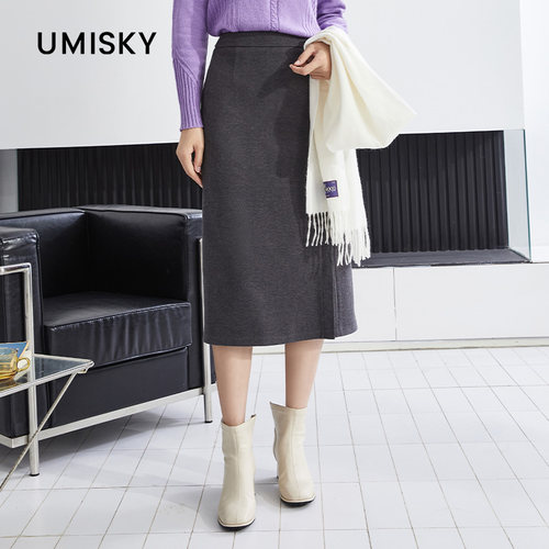 umisky优美世界专柜同款冬季高腰a字中长针织半身裙SK4H1009