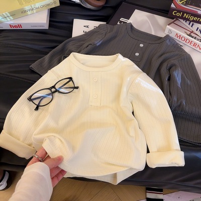 儿童新款德绒打底衫纯色男女童低领打底衫宝宝内搭女童秋季条纹