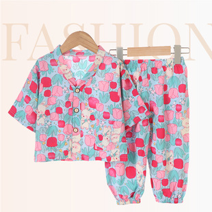 儿童夏季 绵绸睡衣套装 人造棉空调服男女童棉绸家居服两件套童装