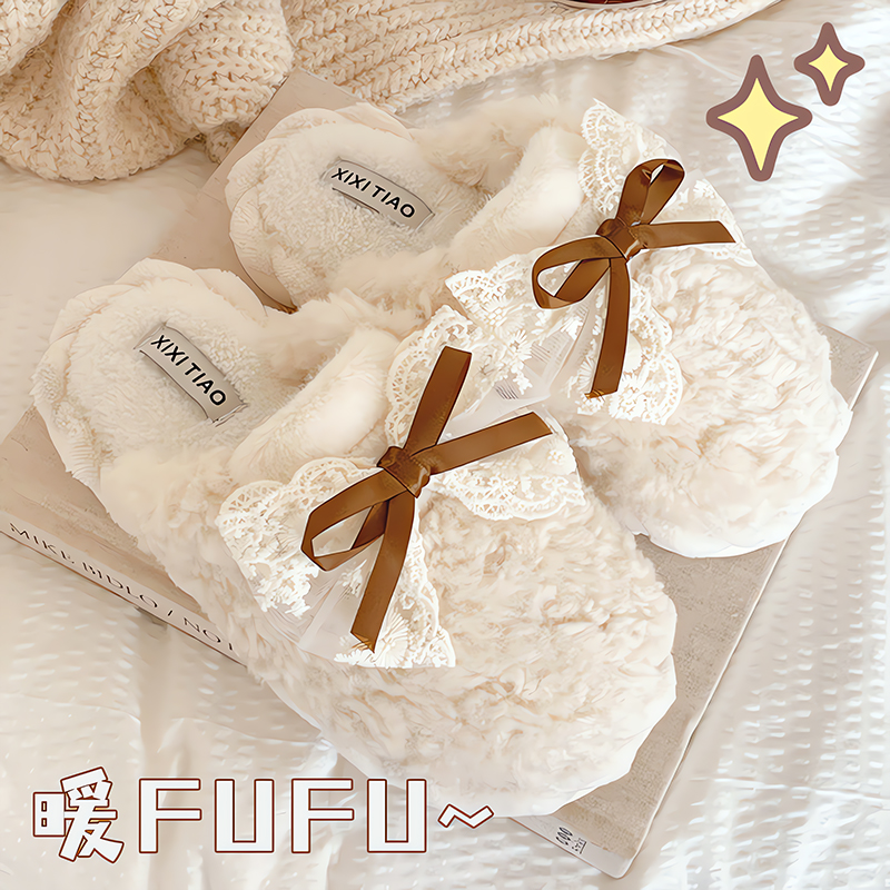 冬季新款毛绒绒保暖情侣棉拖鞋网红可爱蝴蝶结居家包头月子鞋男女