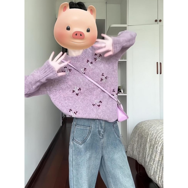 月栖白「浅紫星果」韩系慵懒风古圆领长袖针织毛衣女秋冬新款显瘦