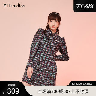 Z11女装 春季新款潮流复古斜扣花纹连衣裙Z22AH946